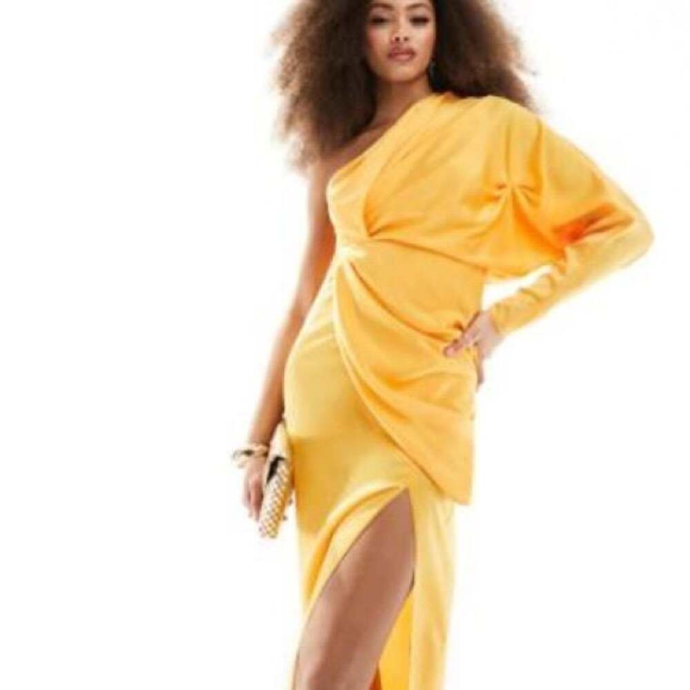 ASOS Orange Satin One-Shoulder Draped Maxi Dress w/ Leg Slit